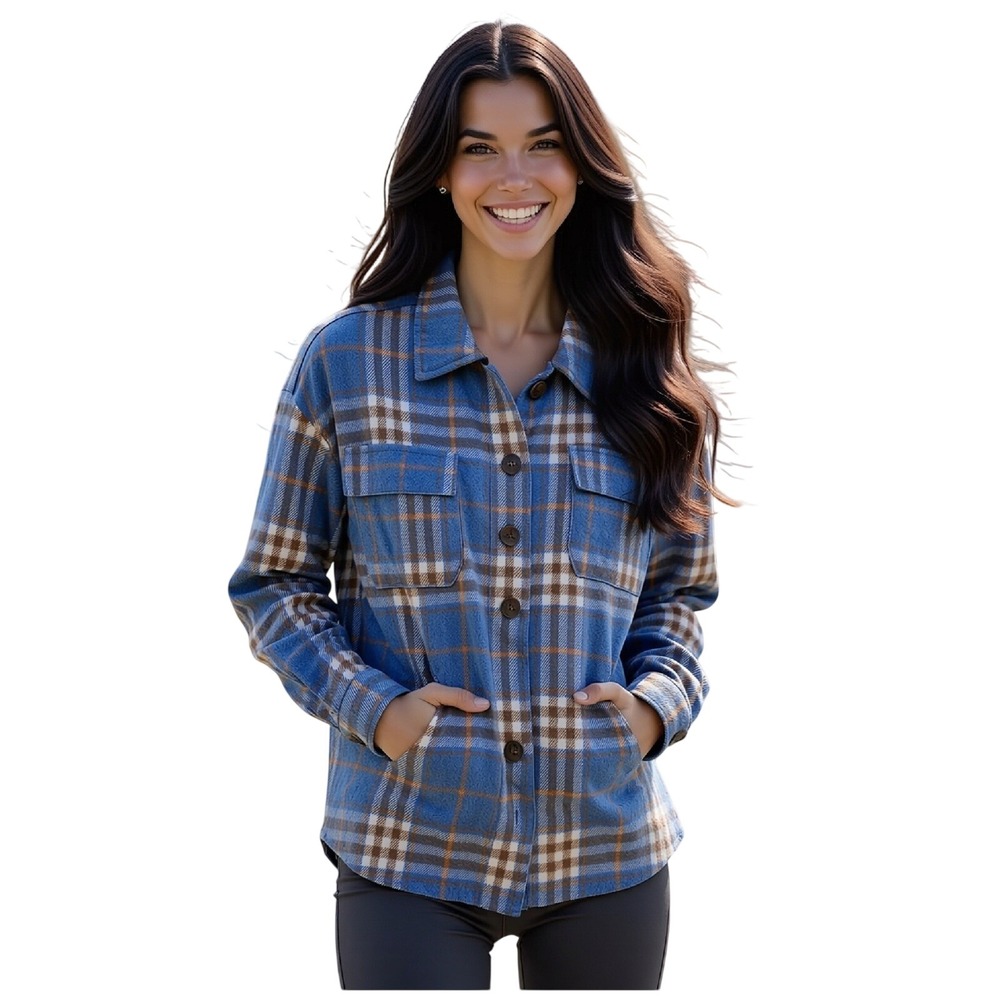 Pink Lily Blue‎ Plaid Flannel Shacket Oversized Button Down Shirt Jacket Womens